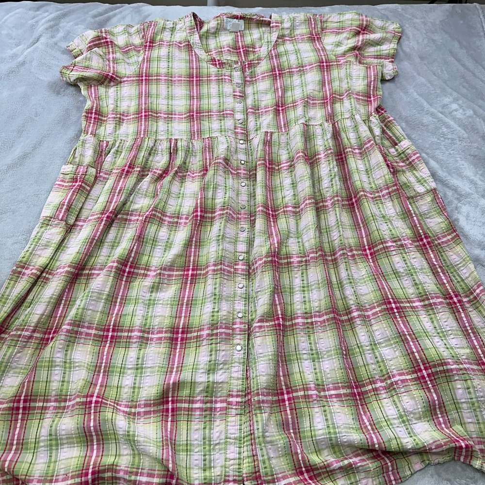 VTG Comfort Choice Nightgown Women 6X Pink Plaid Seersucker Snap Front Pockets